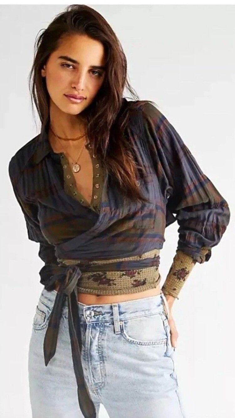 We The Free Women’s Plaid Cropped Tie-Front Wrap Blouse Sz L Boho Layering Grung